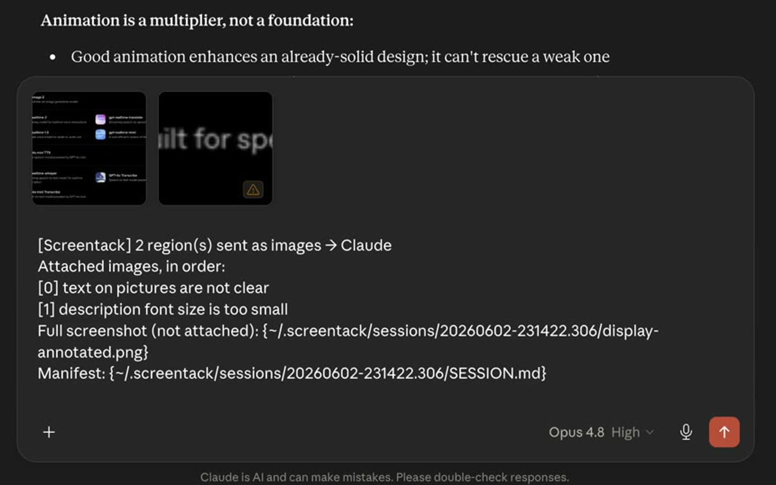 A Claude conversation receiving two labelled region images plus the Screentack manifest